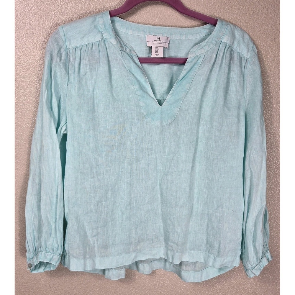 Halston 100% Linen Blouse Women's Small Aqua Blue 3/4 Sleeve Split Neck Top